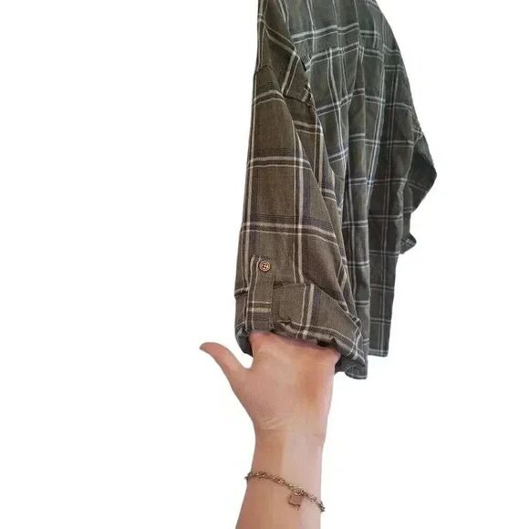 Max Studio Women's Khaki Cotton/Poly Plaid Button Down Roll Tab Sleeves Top NEW - Picture 4 of 8